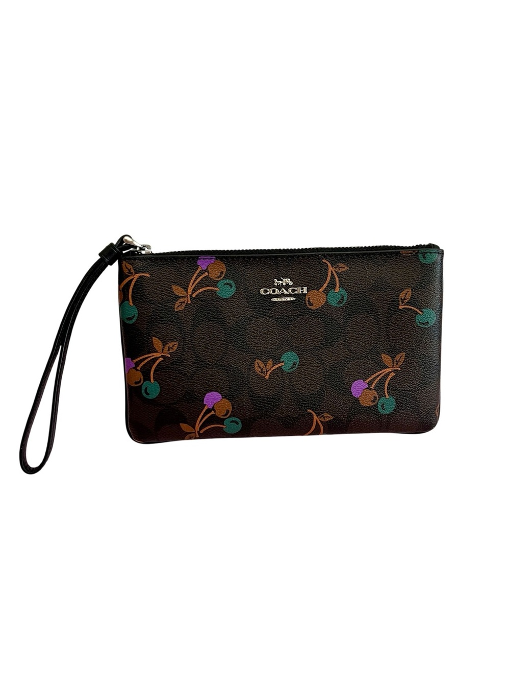 Coach Corner Zip Signature Brown Cherry Print Wristlet